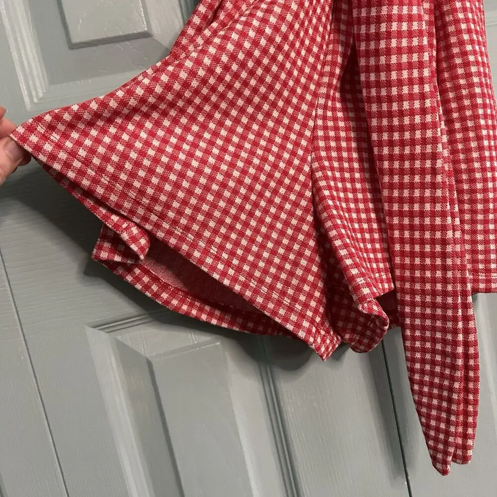 Zara Trafaluc TRF Women Red Check V-Neck‎ Waist Tie Wrap Romper Small